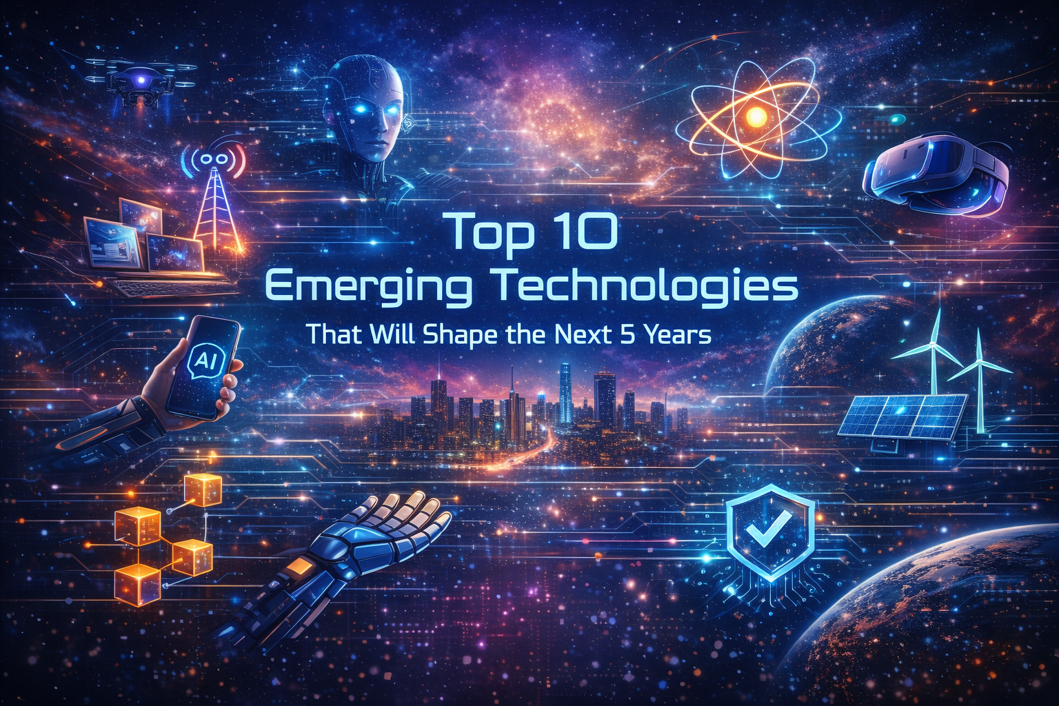 Top 10 emerging technologies like AI, 5G, blockchain, quantum computing, and renewable energy shaping the future over the next five years