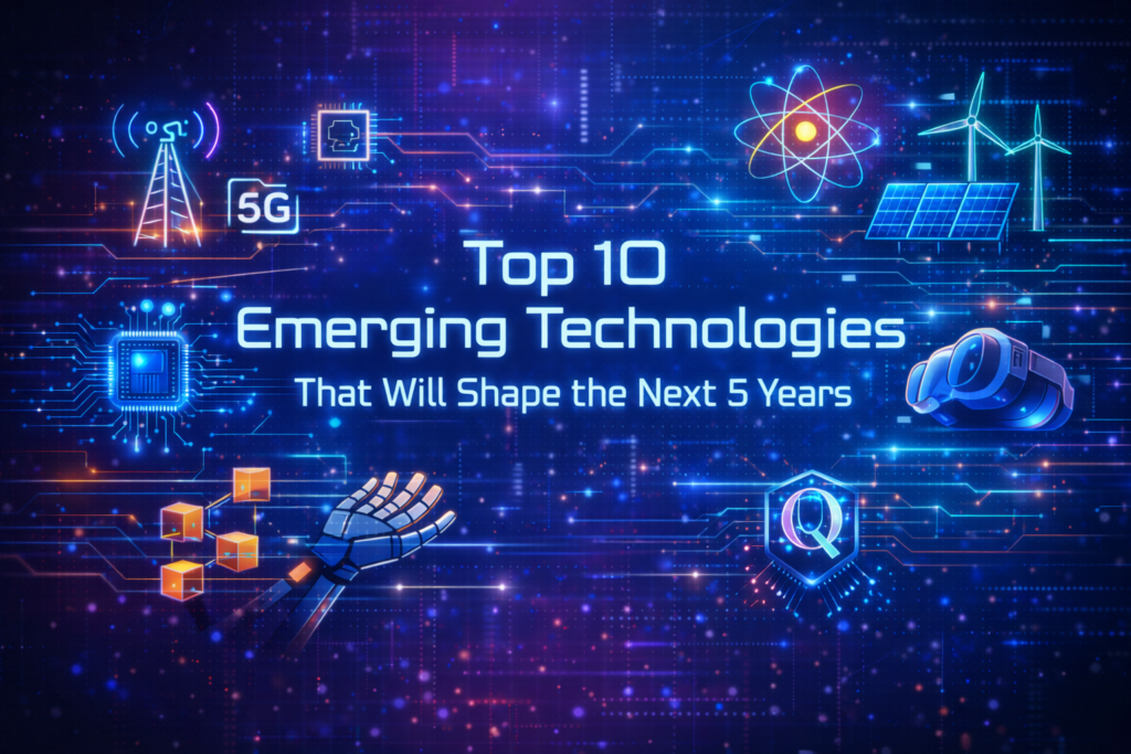 Top 10 emerging technologies like AI, 5G, blockchain, quantum computing, and renewable energy shaping the future over the next five years