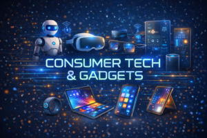A futuristic illustration showcasing next-generation consumer technology and smart gadgets for 2025, including AI devices, smart wearables, AR glasses, foldable smartphones, and connected smart home technology.