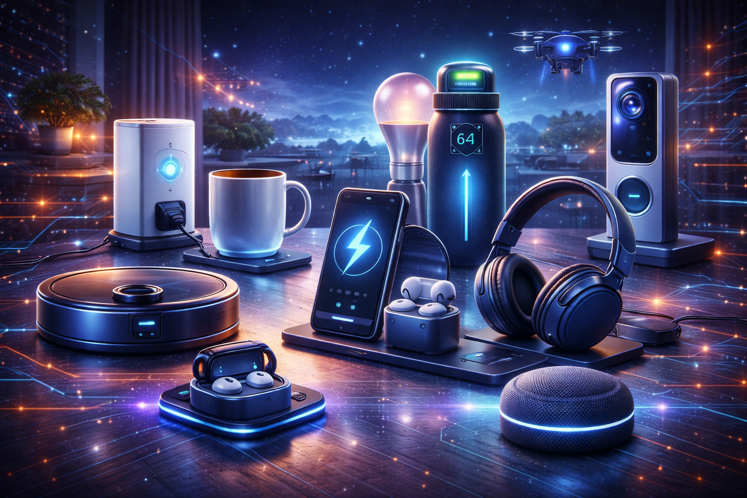 Simple illustration showing future gadgets like smart speakers, robot vacuum, wireless earbuds, smart lighting and charging devices that make everyday life easier