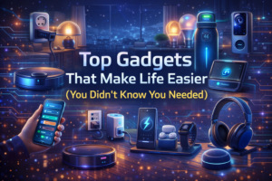 Simple illustration showing future gadgets like smart speakers, robot vacuum, wireless earbuds, smart lighting and charging devices that make everyday life easier