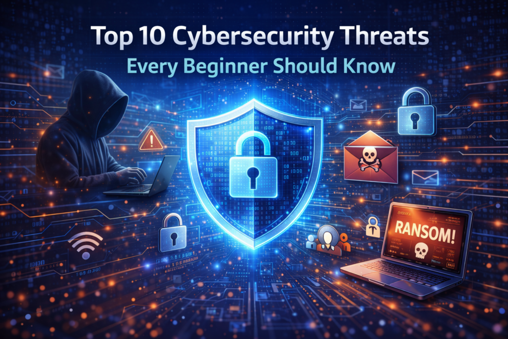 Illustration showing common cybersecurity threats like phishing, ransomware, malware and hacking that every beginner should know