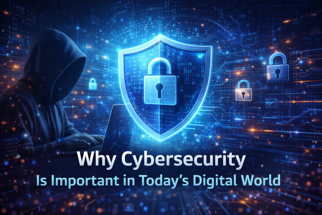 Illustration showing digital cybersecurity protection with a secure shield, padlock and hacker background highlighting the importance of cybersecurity in today’s digital world